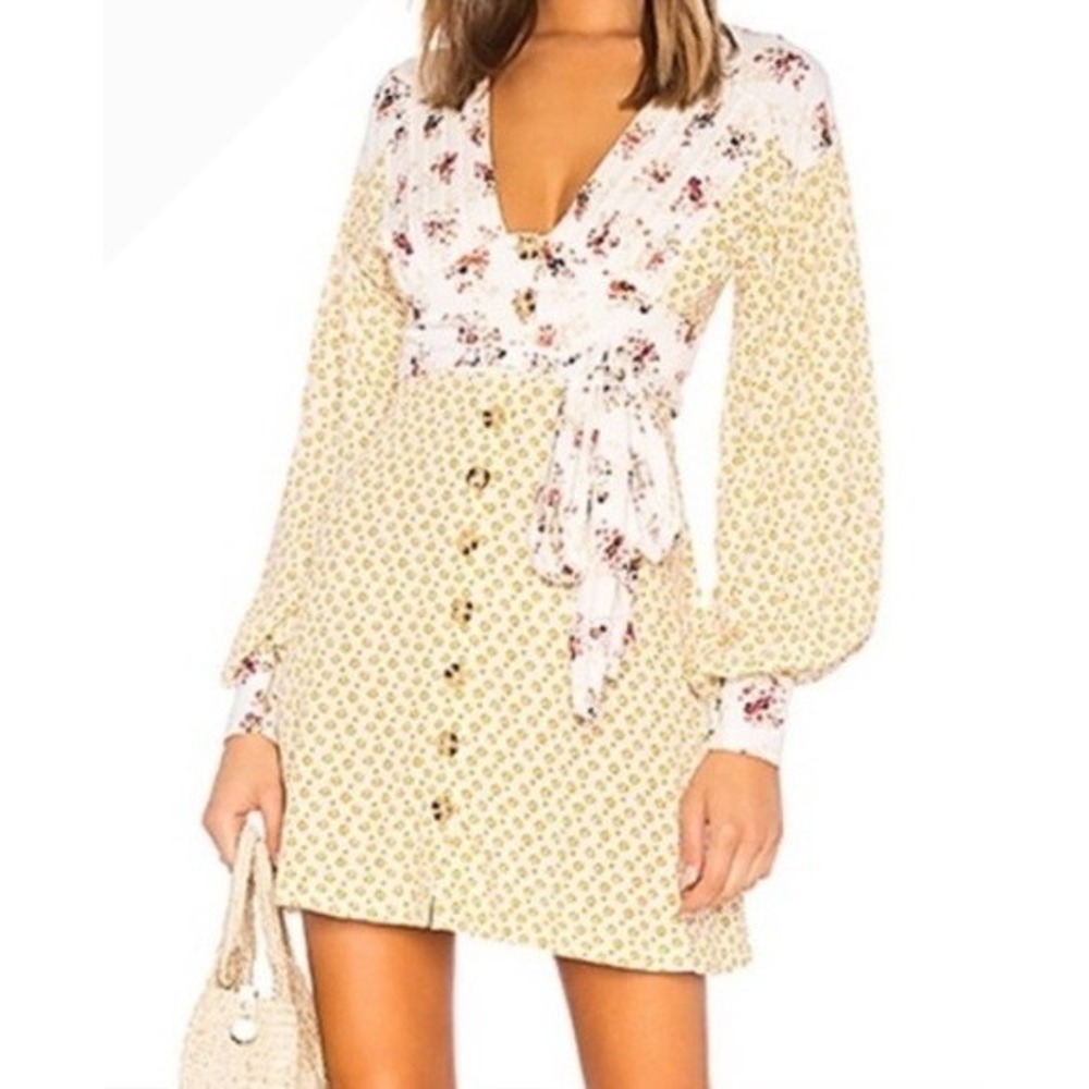 Free People‎ Wonderland Floral Mini Dress Women XS Yellow Boho Sash Cottagecore